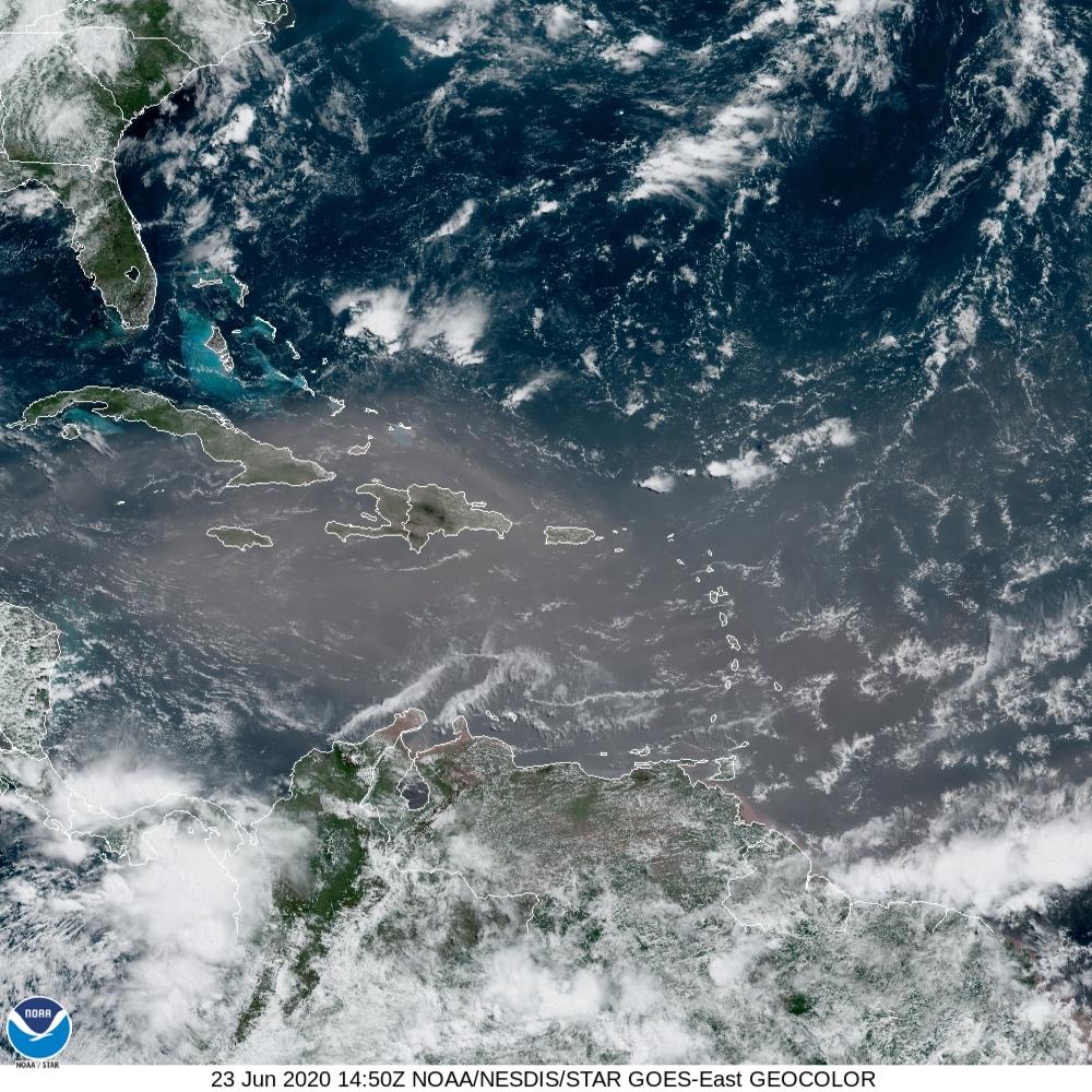 Satellite imagery Tuesday morning shows the dust plume making its way across the Caribbean Sea and toward the Gulf of Mexico. The outer bands are expected to reach landfall along the Louisiana coast as early as Wednesday. 