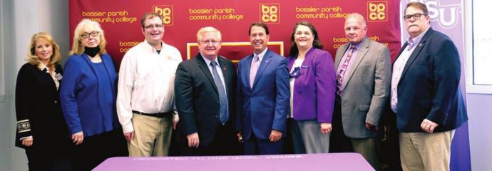 From left: Dr. Holly French-Hart, BPCC’s acting vice chancellor for academic affairs; Carolyn Burroughs, BPCC’s dean of nursing and allied health; Beau Bevan, fire science project director; BPCC Chancellor Dr. Rick Bateman Jr.; NSU President Dr. Chris BPCC and NSU formalize fire science, UPSA transfer agreement