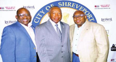 Louisiana State Police Lt. Colonels Kenny Van Buren and Chavez Cammon bookend Shreveport CAO Henry Whitehorn. Shreveport Mayor Adrian Perkins knows how to throw a party!