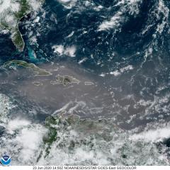 Satellite imagery Tuesday morning shows the dust plume making its way across the Caribbean Sea and toward the Gulf of Mexico. The outer bands are expected to reach landfall along the Louisiana coast as early as Wednesday. 